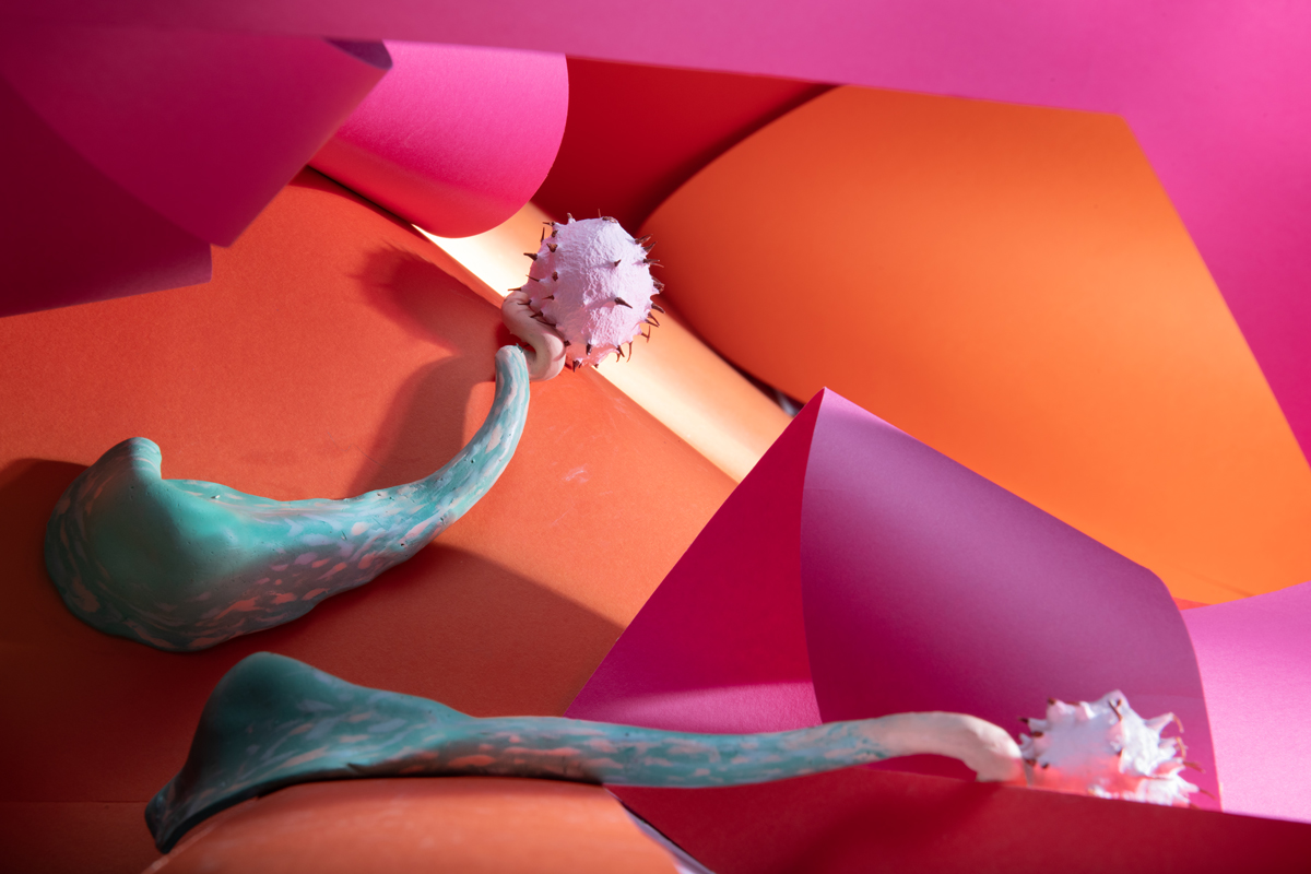 Pink and Orange Paper, Green Clay and Painted Seed Parasites. ©2022